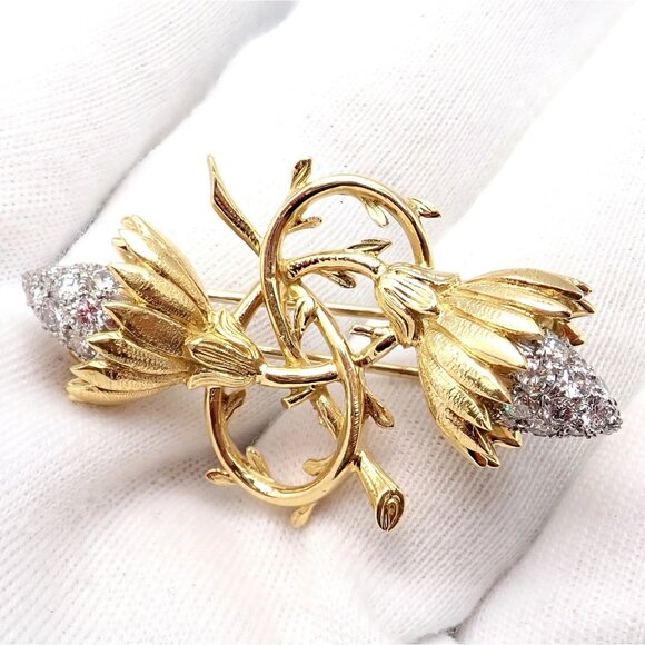 Authentic! Tiffany & Co Schlumberger 18k Yellow Gold Platinum Diamond Pin Brooch - Picture 3 of 14